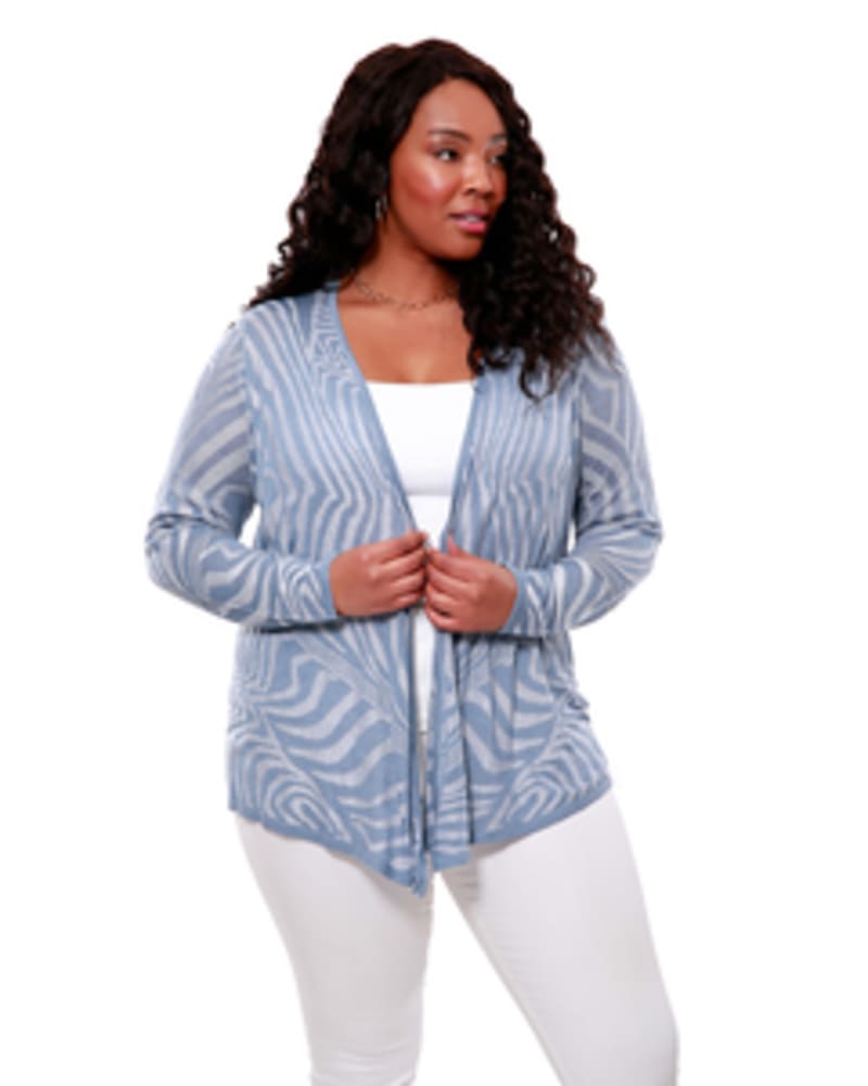 Front of a model wearing a size 1X Printed Tie-Front Cardigan in ANTIQUE BLUE/WHITE by Belldini Black Label. | dia_product_style_image_id:245862